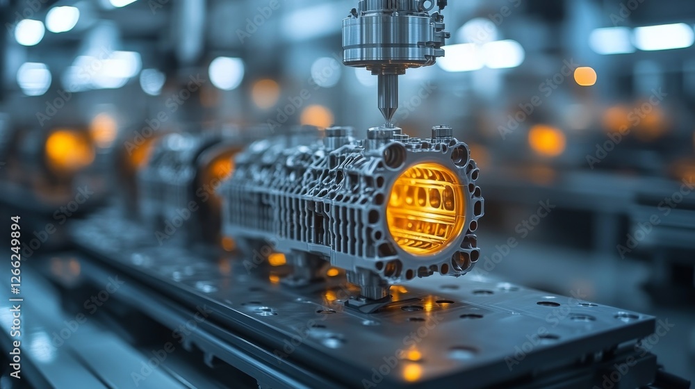 Poster precision machining of an engine block: an automated robotic arm carefully working on complex metal 