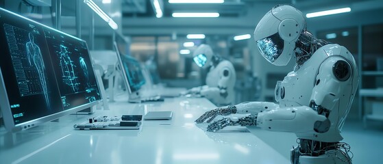 A futuristic medical lab with robotic arms assisting holographic diagnostic machines, glowing LED panels, a clean and futuristic environment, cinematic lighting  v 5