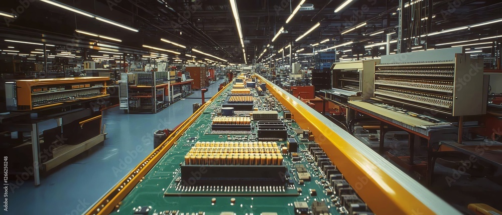 Poster an industrial view of computer hardware components on a circuit board, focusing on intricate chips, 