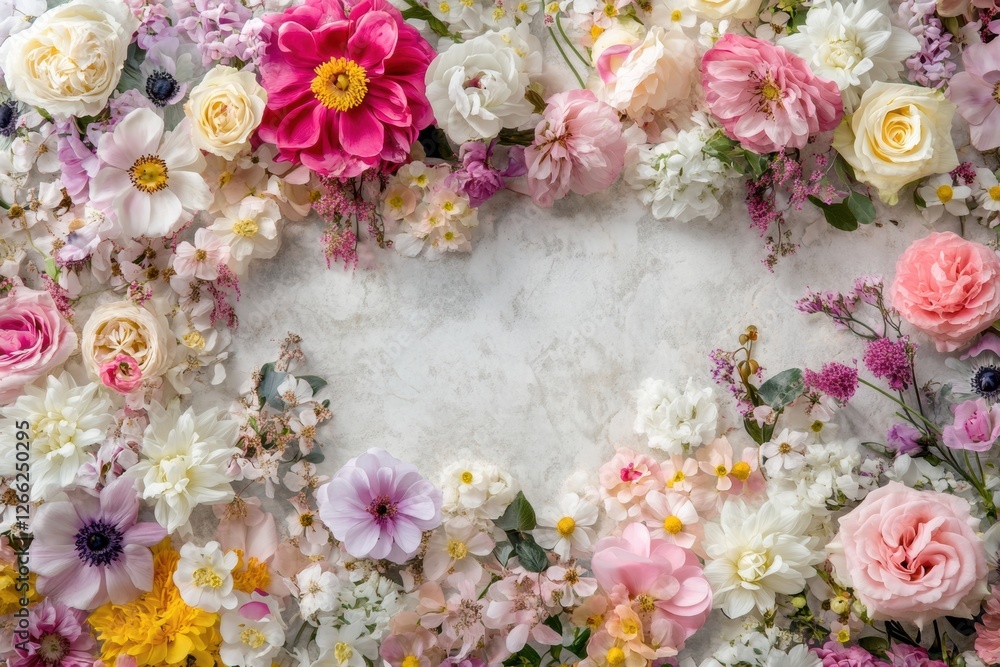 Poster colorful floral composition with various blossoms creating a vibrant arrangement on a light backgrou