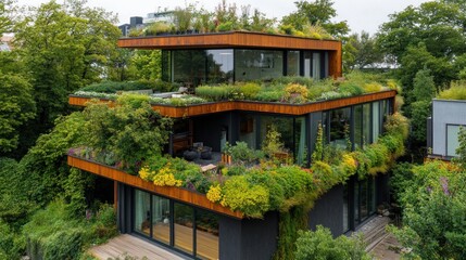 Modern multi-tiered home seamlessly blending innovative architecture greenery