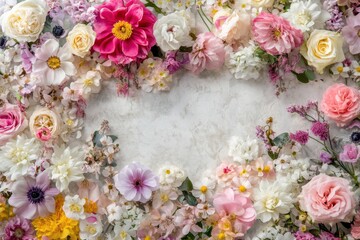 Colorful floral composition with various blossoms creating a vibrant arrangement on a light background. Generative AI