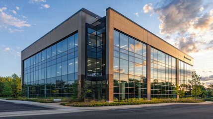 Obraz premium Modern Office Building Sunset Reflection Glass Facade