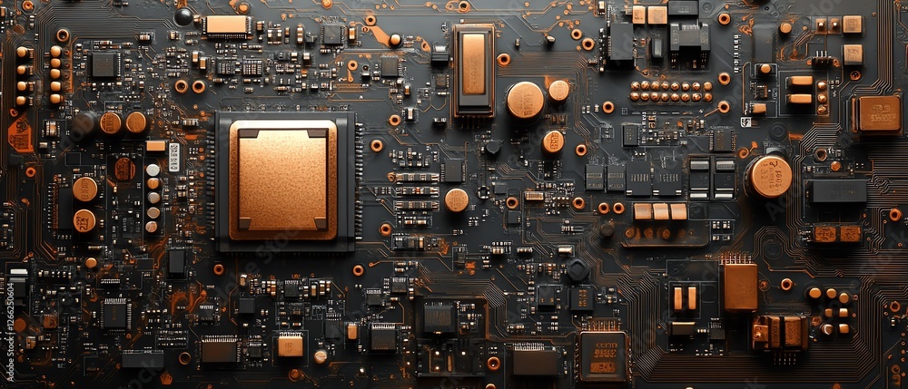 Poster a closeup of a technology circuit board with advanced processors, microchips, and digital components