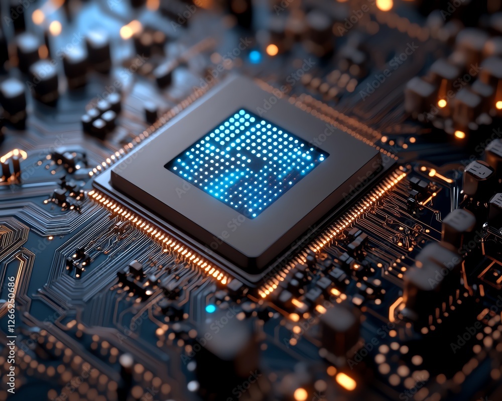 Poster a closeup of an advanced circuit board with digital processors and electronic components, illustrati