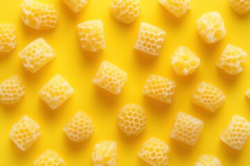 Bright yellow gomiti pasta with honeycomb pattern arranged on surface