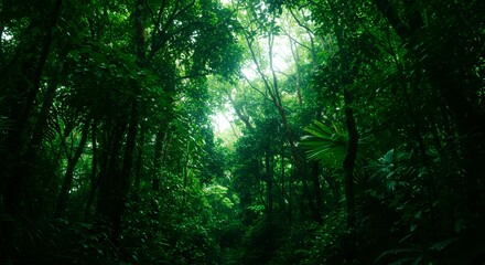 Obraz premium Exploring a Lush Tropical Rainforest with Dense Green Vegetation Canopy