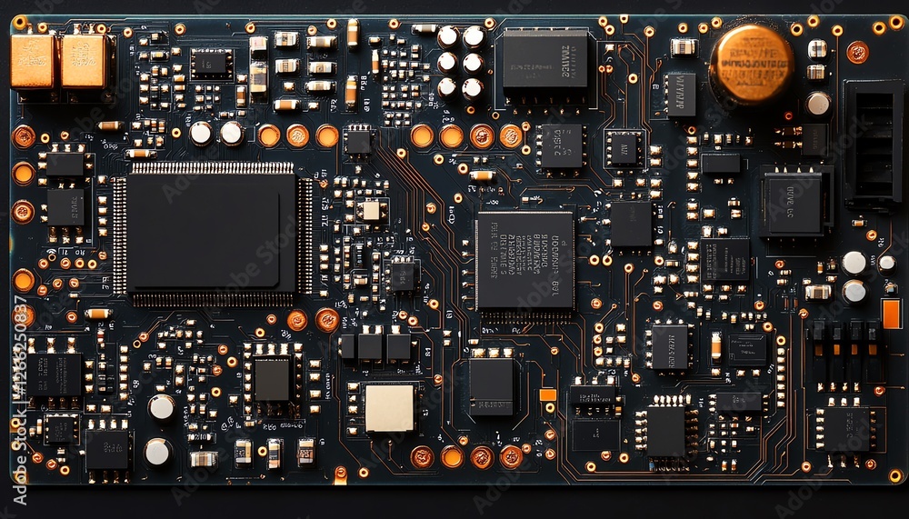 Poster a detailed image of a digital circuit board with processors and electronic components, showcasing mo