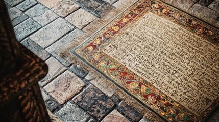 Ornate medieval carpet on patterned stone floor, interior design
