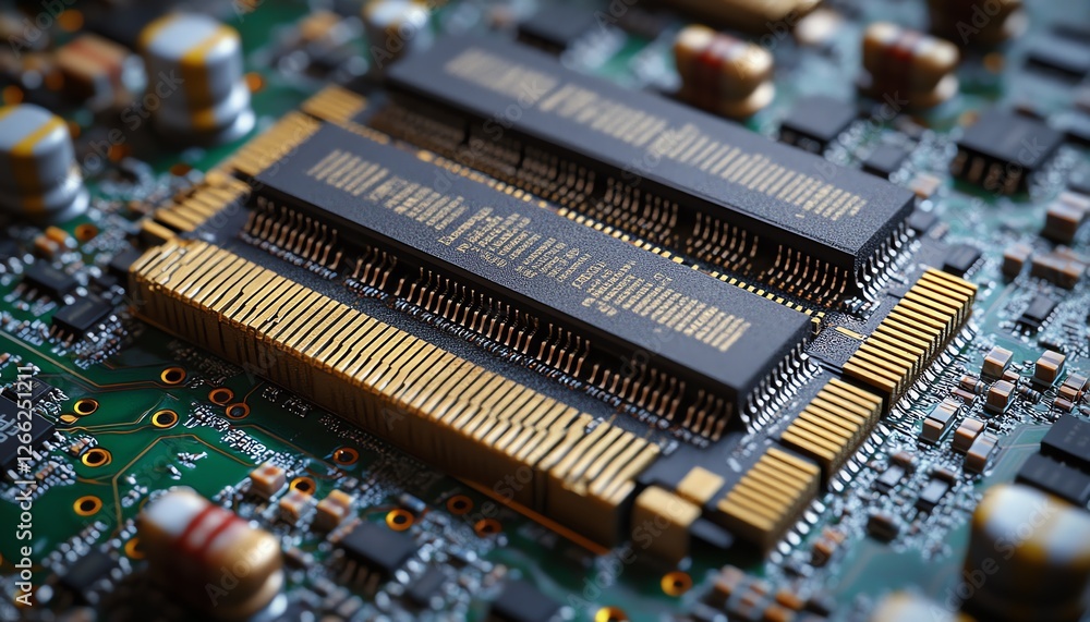 Poster a sharp view of electronic hardware components like processors and chips on a circuit board, highlig