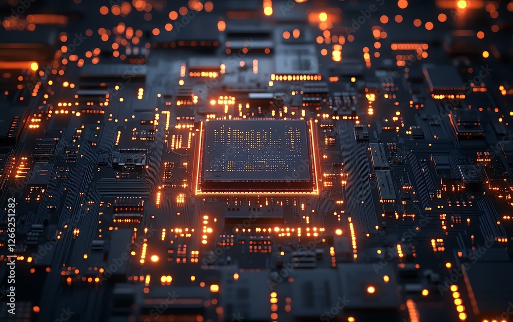 Poster an industrial closeup of a modern circuit board, featuring digital components and processors, highli
