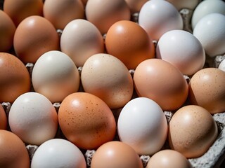 Chicken eggs arranged by color on paper egg box