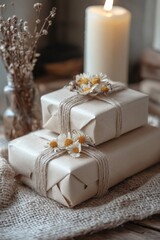 Warm, Earthy Elegance: A Still Life of Kraft Paper Gifts, Daisies, Candlelight, and Dried Floral Accents for Cozy Moments and Gift Giving.