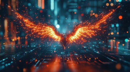 Fototapeta premium Fiery wings digital art, city bokeh background