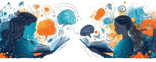 Educational psychology artwork highlighting students reading and studying