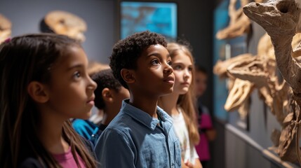 Obraz premium Enthralled young students captivated by dinosaur skeletons at museum