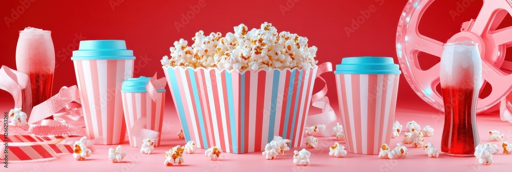 Poster colorful beverage and popcorn setup for a fun movie night experience with striped containers and vib
