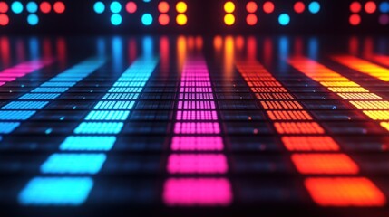 Colorful audio equalizer display in a dark stage background