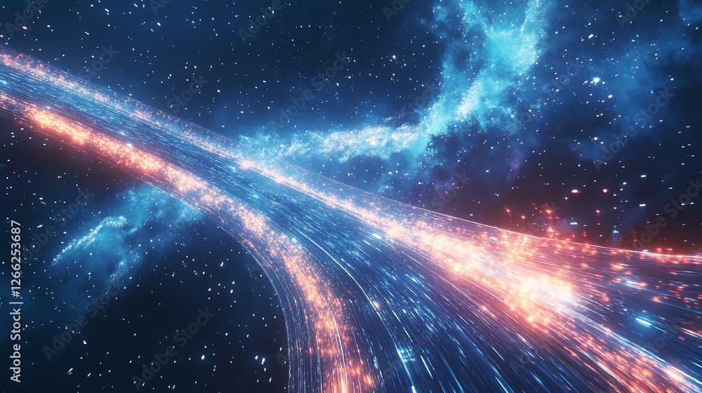 Poster cosmic stream: luminous pathways through space with a nebula background