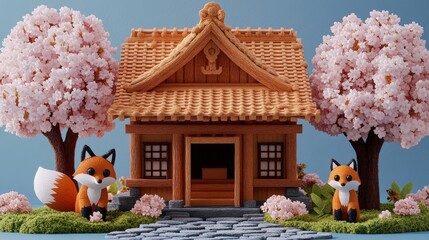 Small house diorama featuring a fox figurine in a scenic japanese landscape setting