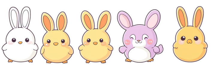 Cute cartoon animals featuring various adorable bunnies in different colors and expressions, perfect for stickers or illustrations