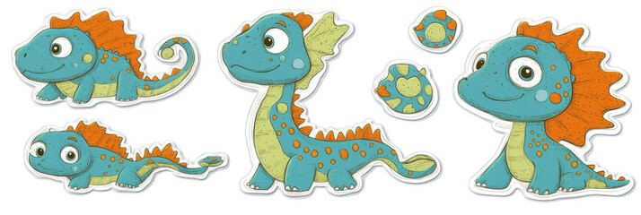 Cute cartoon dinosaur stickers featuring vibrant colors and playful expressions. These adorable creatures are perfect for children crafts and decorations