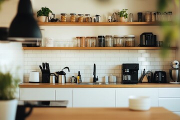 Modern kitchen with wooden shelves and white subway tiles.