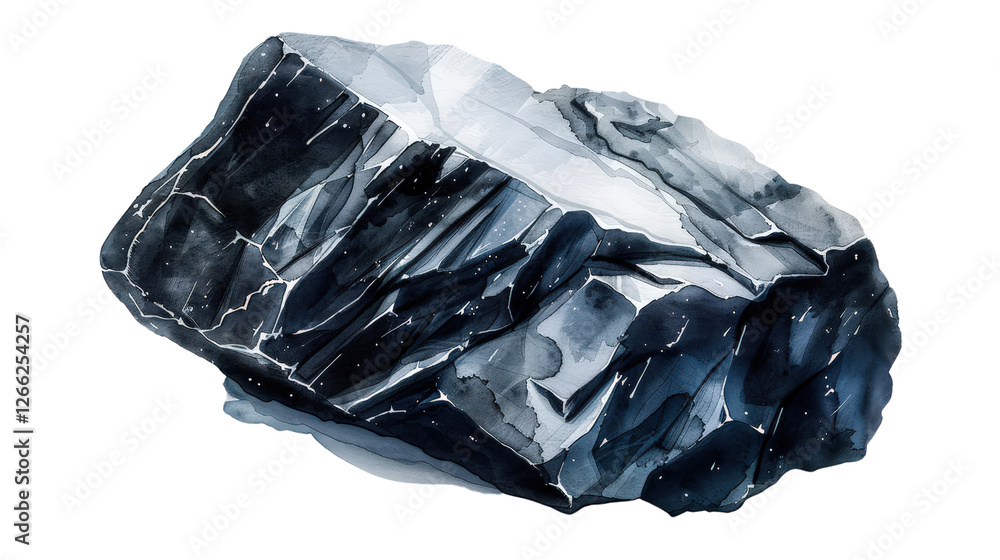 Poster shiny obsidian rock in watercolor style with minimalistic 3d design elements