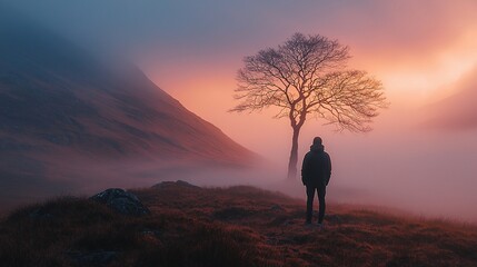 Obraz premium Solitary hiker at sunrise, misty mountain valley, peaceful dawn