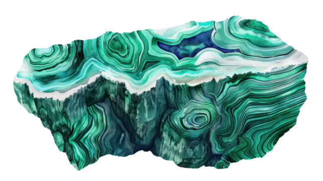 3D Minimal Watercolor Design of Malachite Stone with Smooth Textures and Vibrant Green Swirls