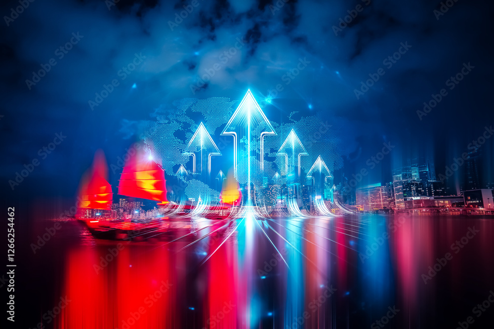 Poster hong kong concept of growing up with double exposure effect featuring junk boats and city skyline wi