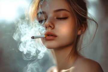 Obraz premium Detailed facial shot of a woman enjoying a cigarette.