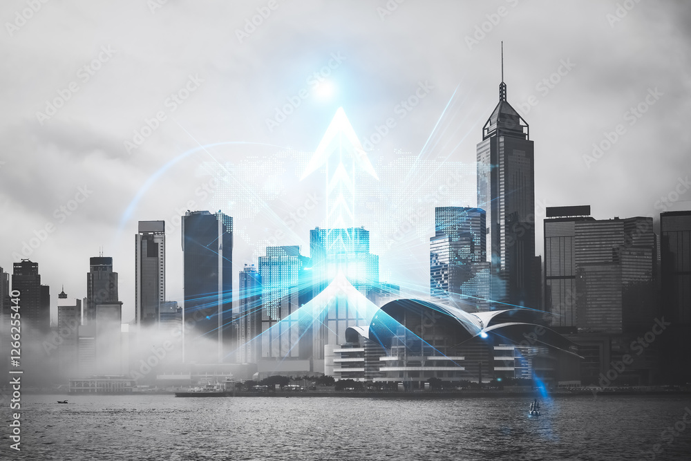 Poster hong kong cityscape with double exposure effect, showcasing a growing concept. an arrow of light poi