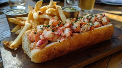 Lobster roll, fries, dips, outdoor patio, summer lunch