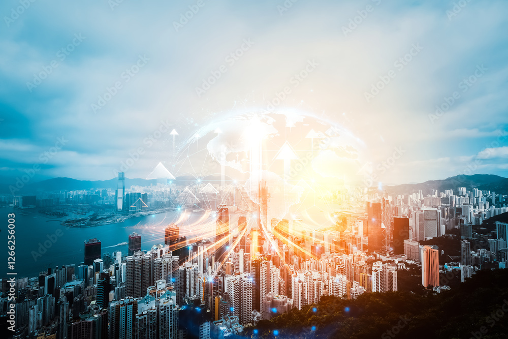 Poster hong kong cityscape with a double exposure effect showing a growing concept. upward arrows and brigh