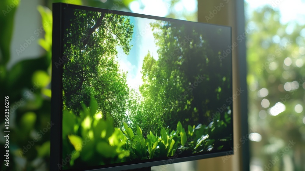 Poster a closeup view of an hdr monitor displaying a stunning nature scene with extreme color fidelity show