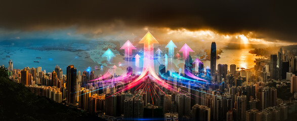 Obraz premium Double exposure of Hong Kong cityscape with upward arrows. Growing up concept showing city progress and development.