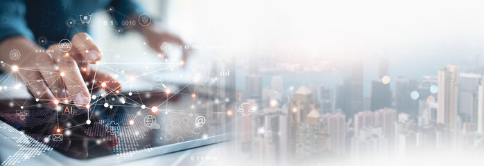 Digital marketing, internet network connection, global business. Businessman using digital tablet...