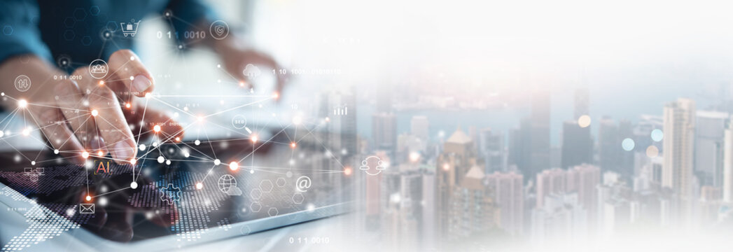 Digital marketing, internet network connection, global business. Businessman using digital tablet computer connecting the internet with online marketing, internet network technology, e-commerce