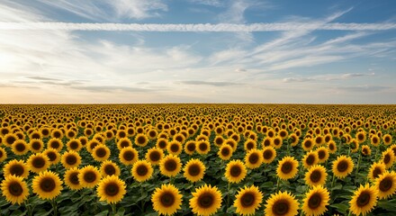 Obraz premium Vibrant Sunflower Field Blooming Under a Blue Sky with Wispy Clouds