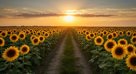 Obraz premium Sunflower Field at Sunset with Rows of Flowers and Golden Light