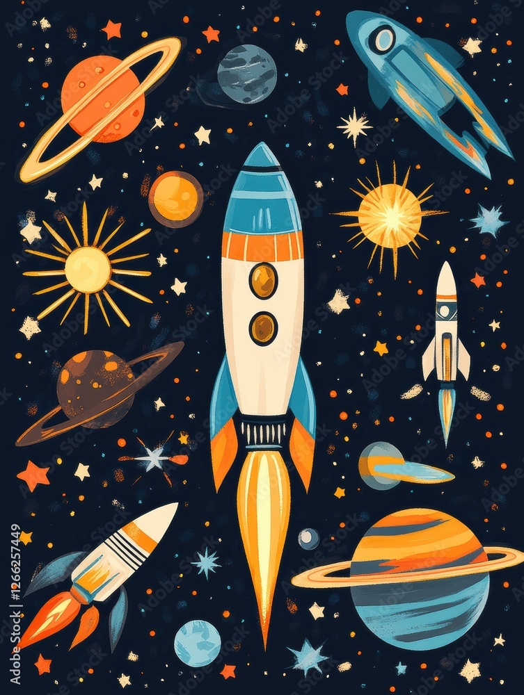 Poster colorful space themed stickers featuring rockets and planets suitable for various creative projects.