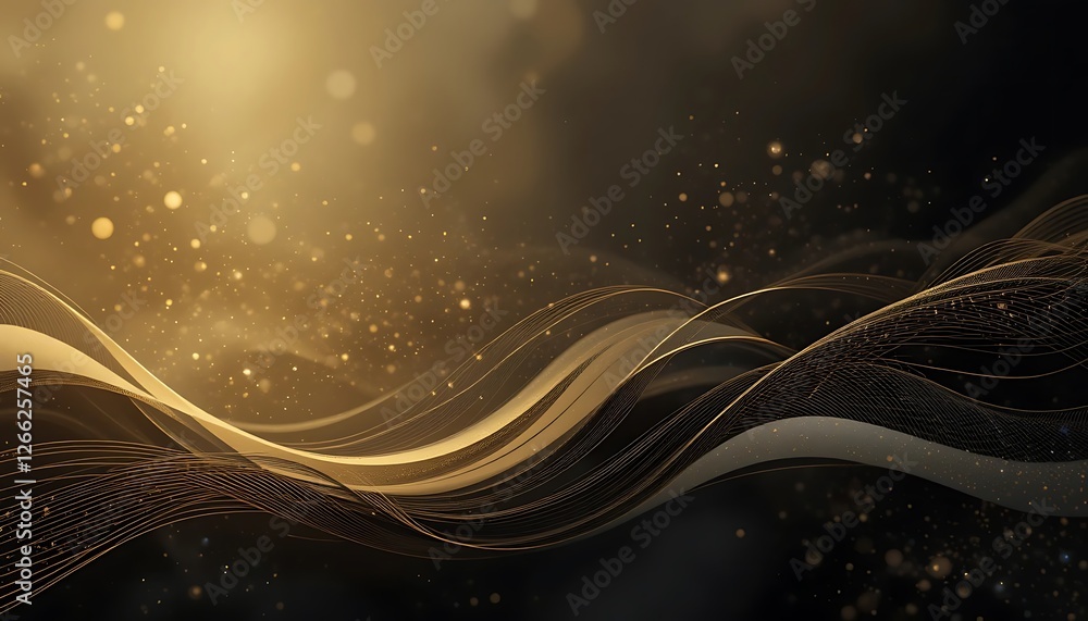 Poster ethereal golden waves, abstract flowing lines and sparkling particles background