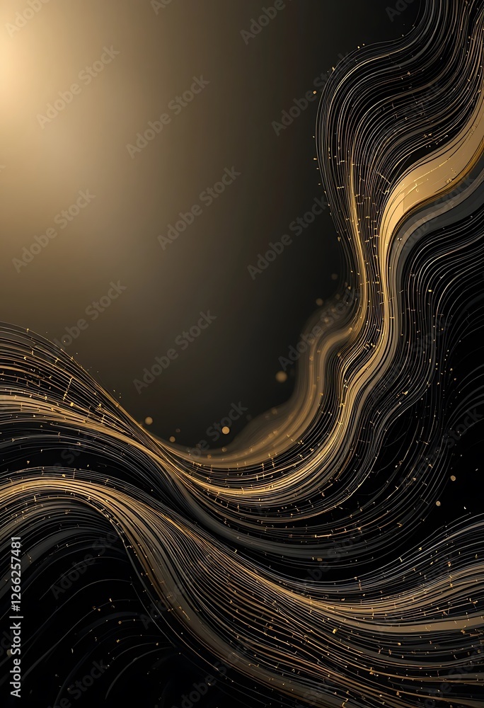 Poster elegant golden flowing lines on dark background with subtle particle sparkle