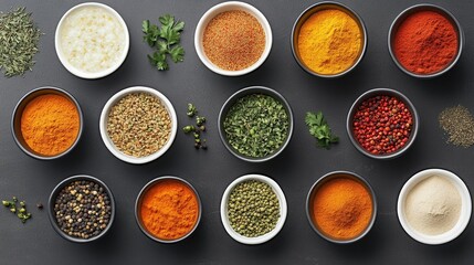 Naklejka premium A vibrant array of spices displayed in bowls on a dark surface, showcasing culinary diversity