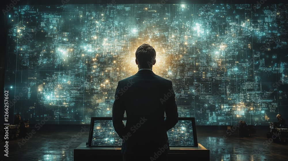 Poster analyzing the code: a visionary leader surveys the digital landscape with complex data visualization