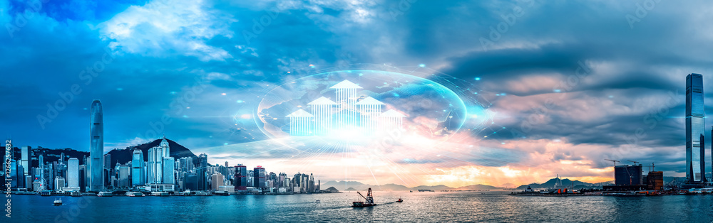 Aufkleber Hong Kong cityscape with a glowing orb effect, using double exposure technique. Conceptual image of urban growing and future development.