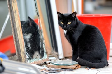 A black cat sits next to a broken mirror and a leaning ladder, symbolizing superstitions about bad luck and fate in the surroundings