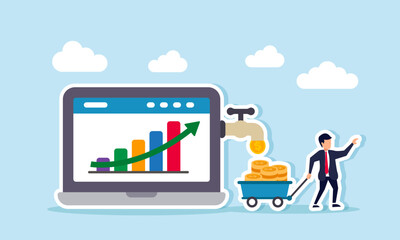 Businessman carries a bucket cart to collect coins flow from a water faucet on a laptop display a rising chart, illustration of profit and revenue from rapidly growing business performance