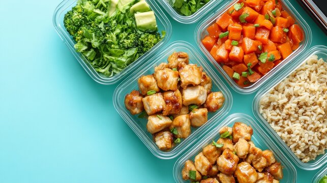 A meal preparation with glass container, packed with healthy meals like stir-fried chicken, brown rice, microwave behind, top view.